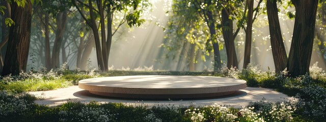 A round wooden stage in the middle of a lush green forest.