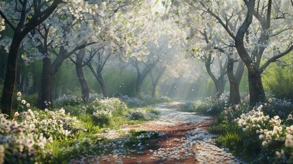 Create a scene of a tranquil woodland path bordered by the delicate white blossoms of cherry trees, their ephemeral beauty and delicate fragrance creating a magical and enchanting atmosphere.