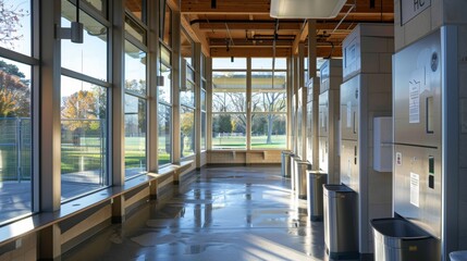 Fototapeta premium Handicappedaccessible solar powered public restroom with ample natural light and ventilation.