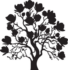 Vector Silhouette of a Magnolia Tree with Detailed Branches and Blossoms on White Background