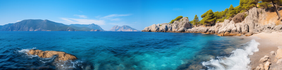 A beautiful blue ocean with a rocky shoreline