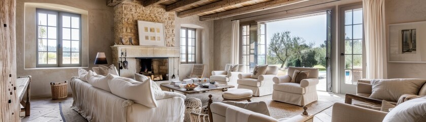 Obraz premium Living area featuring French windows, exposed wooden beams, a rustic stone fireplace, and antique furniture, perfect for a classic home design