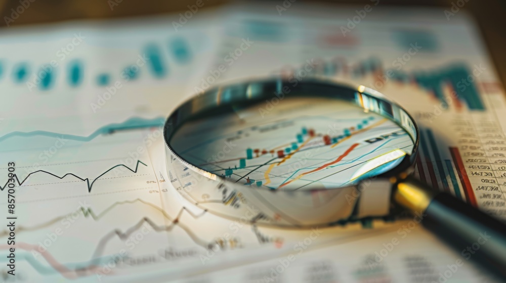 Aufkleber a magnifying glass analyzing stock market charts and financial data printed on paper.