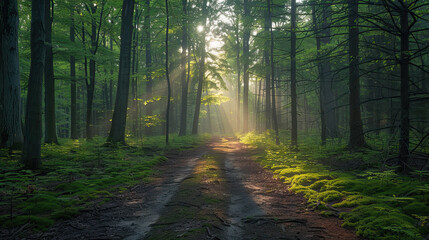 Obraz premium Forest path with sunlight streaming through the trees creating a magical atmosphere