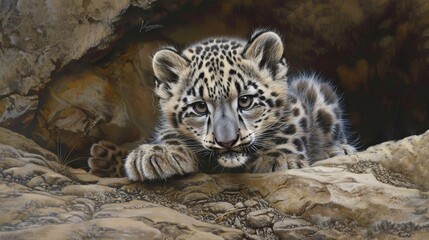 Fototapeta premium Every whisker, every fur tuft, and every playful expression is rendered in exquisite detail in the portrait of the snow leopard cub, inviting viewers to marvel at the intricacies of nature's design.