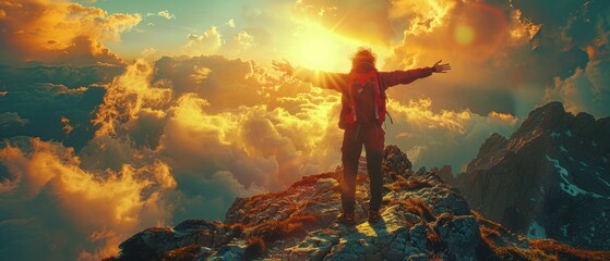Fototapeta premium Euphoria: A person standing atop a mountain peak with arms outstretched, basking in the sunlight.