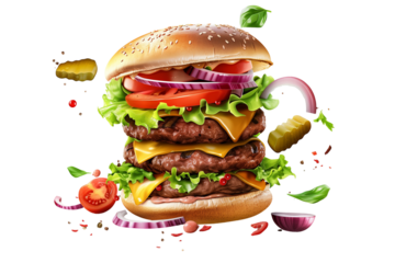 stacked burger with lettuce, tomato and red onion slices, yellow cheese and brown meat patty on top. 