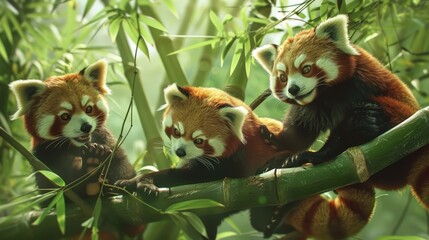 Fototapeta premium Imagine a family of adorable red pandas playing in a bamboo forest. Picture their fluffy tails and playful antics as they climb trees and chase each other through the lush greenery.