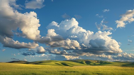 Imagine a peaceful countryside beneath a canvas of fluffy cumulus clouds, their puffy shapes casting shadows on the rolling hills below and adding a touch of drama to the pastoral landscape.