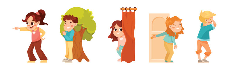 Kids Playing Hide and Seek Game Have Fun Vector Set
