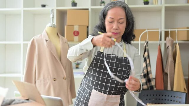 Slow motion shot of happy middle aged woman working in online retail business
