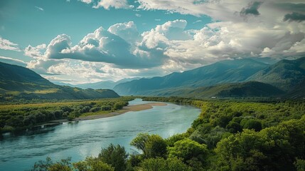 Obraz premium Imagine a peaceful river winding its way through a lush valley, with fluffy cumulus clouds drifting lazily overhead and casting fleeting shadows on the rippling waters below.
