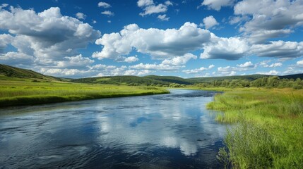 Obraz premium Imagine a peaceful river winding its way through a lush valley, with fluffy cumulus clouds drifting lazily overhead and casting fleeting shadows on the rippling waters below.