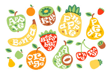 Cute fruit set. Fruit Labels design with text. Fruits with their name inside. Template for advertising poster or t-shirt print
