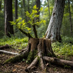 Obraz premium Young tree emerging from old tree stump, natural cycle