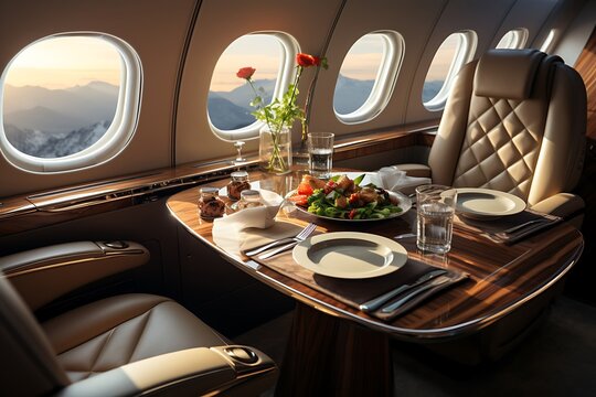 Interior of airplane with seats and tableware.
