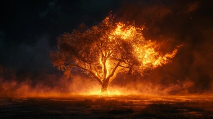 Tree engulfed in flames at night