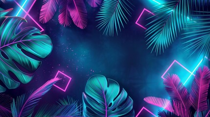 Tropical leaves with neon lighting on dark background.