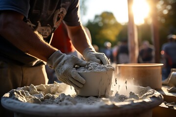 close-up hands mixing cement on construction site