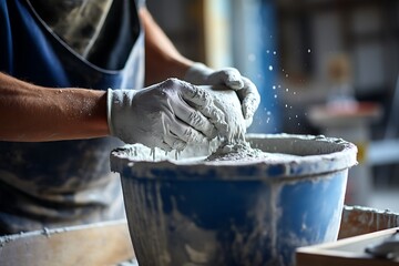 close-up hands mixing cement on construction site