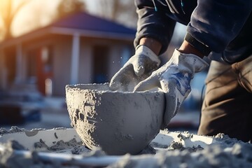 close-up hands mixing cement on construction site
