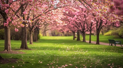 Naklejka premium Imagine a serene garden filled with blooming cherry blossoms, their delicate petals drifting gently on the breeze and filling the air with their sweet fragrance.