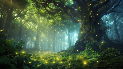 Enchanted forest with glowing fireflies and ancient trees.