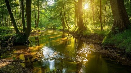 Obraz premium Imagine a tranquil forest stream winding its way through a sun-dappled glade, its gentle babbling and cool waters inviting you to wade in and immerse yourself in the beauty of nature.