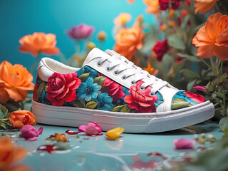 Wonderfull pair of flowers printed sneakers, ecological trademark, on the side are displayed in front of a flowers background	