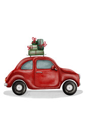 Christmas watercolour illustration , red vintage car with presents. Transparent background , ready postcard design .