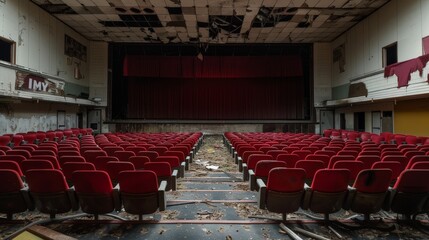 Naklejka premium In the absence of moviegoers, the movie theatre stands as a silent sentinel, its empty halls bearing witness to the passage of time in the ever-changing landscape of entertainment.
