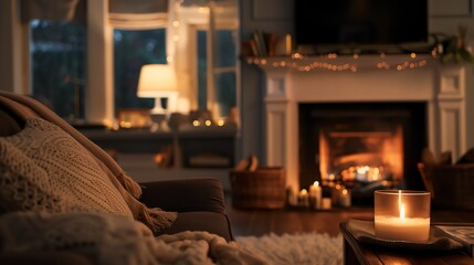 Cozy living room with lit fireplace and glowing candles creating a warm ambiance. Comfortable couch with throw blanket in the foreground.