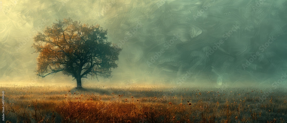 Wall mural solitary tree emerges from the mist in a field bathed in ethereal light creating a serene backdrop t
