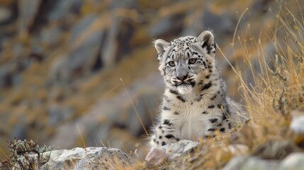 Obraz premium In the silence of the high-altitude wilderness, the portrait of the snow leopard cub speaks volumes, capturing the essence of a species teetering on the brink of extinction