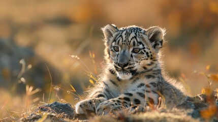 In the soft light of dawn, the portrait of the snow leopard cub radiates a sense of serenity and tranquility, offering a glimpse into the enchanting world of one of nature's most enigmatic creatures.
