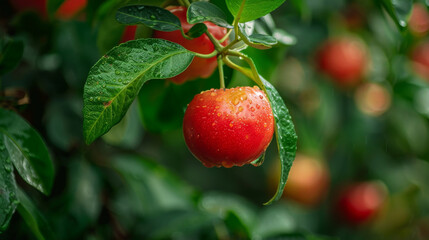Obraz premium Close-up of a ripe red apple with water droplets hanging from a green leafy branch in a lush orchard.