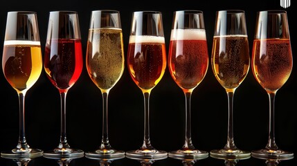 A collection of seven wine glasses filled with various hues of sparkling beverages set against a black backdrop, capturing a sense of elegance and refinement.