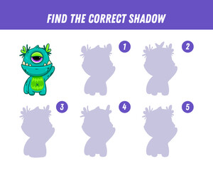 Find correct shadow of cute blue monster. Educational logical game for kids. Halloween game. Cartoon monster. 