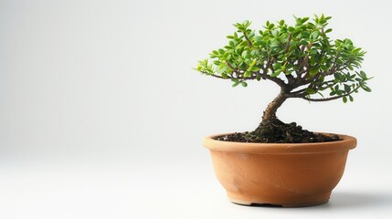 A small clay plant pot with a bonsai tree, isolated on a white background, intricate details, high-resolution, studio lighting