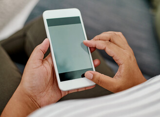 Screen, hands and mockup in office with smartphone for social network, mobile website and digital contact. Person closeup browsing on cellphone, reading business notification and search media on app