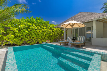 Fantastic private villa, terrace view with sun beds chairs under umbrella, luxury pool hotel stunning summer pattern. Beautiful spa or wellness, recreational vacation resort tourism. Tranquil sea sky