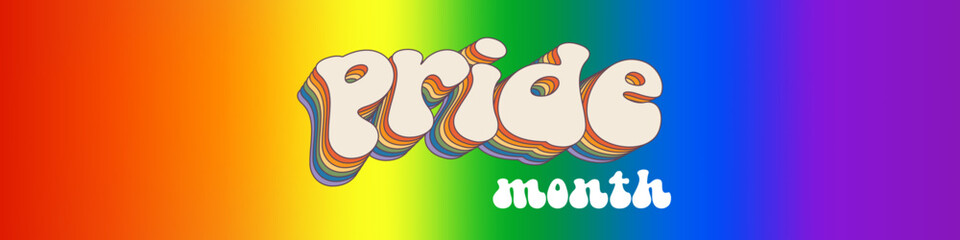 Pride month horizontal banner with gradient with pride colors flag and groovy text PRID. LGBTQ Pride month retro or pride day poster, flyer, banner, logo modern style design template.
