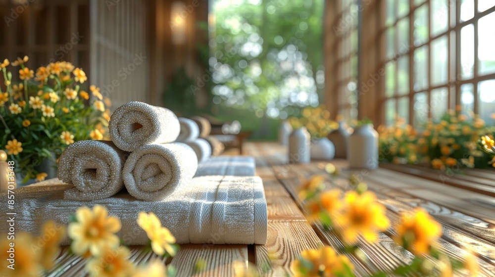 Wall mural a cozy spa interior illuminated by natural light, featuring neatly rolled towels and blooming flower