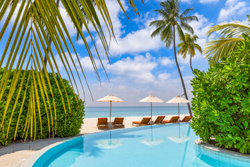 Stunning landscape, swimming pool blue sky clouds. Tropical resort hotel in Maldives. Fantastic...