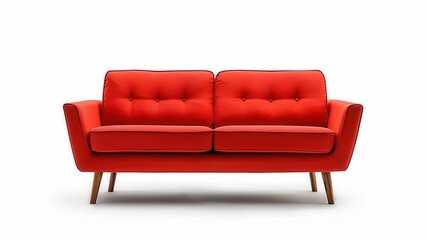 A mid-century modern sofa with wooden legs, isolated on a white background, vivid colors, sharp focus, high-resolution