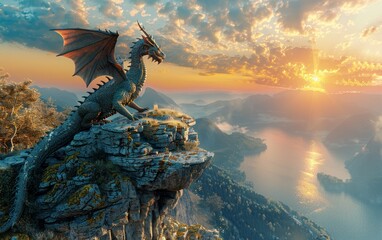 Fototapeta premium Majestic Dragon Overlooking a Sunrise Mountain Landscape