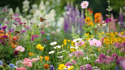 Obraz premium Picture a serene garden filled with a riot of summer flowers. Imagine butterflies flitting from blossom to blossom and a gentle breeze carrying the sweet scent of blooms through the air.