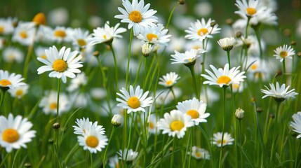 Picture a serene meadow carpeted in a blanket of daisies, their cheerful white blooms and yellow centers brightening the landscape and attracting bees and butterflies.