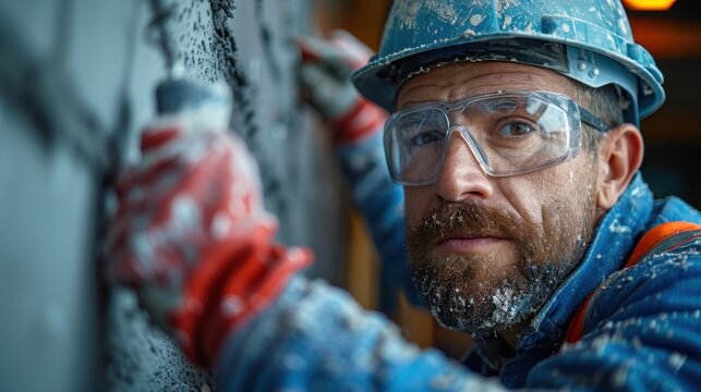 A construction worker wearing a blue helmet and red gloves is diligently applying concrete to a wall, showcasing the meticulous process of construction work.