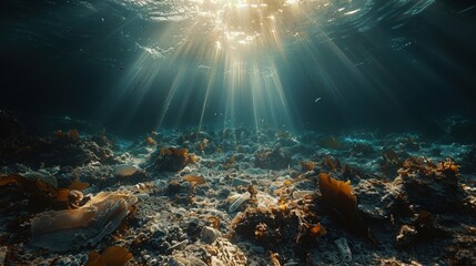 The picture captures sunlight streaming underwater illuminating a seabed full of seaweed and marine life, illustrating marine ecosystem beauty and vitality.